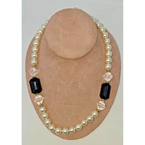 Faux Pearl Black Onyx Beaded Choker Necklace 18" Vintage Fashion Costume Jewelry